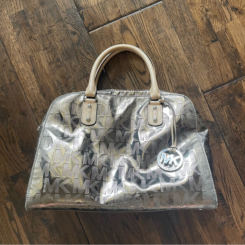 Michael Kors Silver and Cream Satchel with Structured Design
